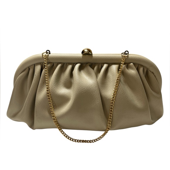 Cream Leather Ruched Clutch with Gold Clasp & Chain floral interior 6”x10” - Picture 1 of 12